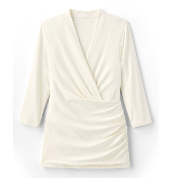 Soft Surroundings Ivory Pearl Alondra Knit Top I Vneck Shirring Shirt Womens Med - Picture 2 of 8